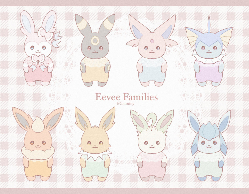 :3 animal_focus blue_eyes bow brown_eyes chibi english_text espeon fins flareon forehead_jewel gingham glaceon head_fins highres jolteon lace lace_background leafeon no_humans one_(chirufhy) parody pink_background pink_bow pokemon pokemon_(creature) red_eyes smile standing style_parody sylvanian_families sylveon twitter_username umbreon vaporeon violet_eyes yellow_eyes