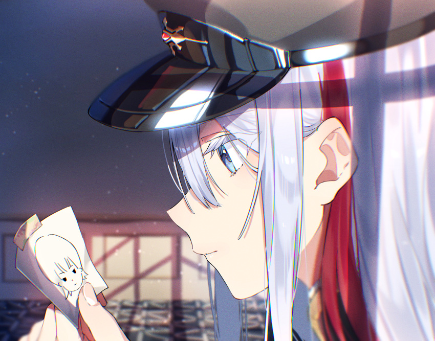 1girl 86_-eightysix- absurdres backlighting black_headwear closed_mouth commentary drawing_(object) fingernails grey_eyes grey_hair hair_behind_ear hat highres holding holding_paper long_hair military_hat multicolored_hair paper peaked_cap profile redhead rinzawa shinei_nouzen sidelocks solo streaked_hair vladilena_millize