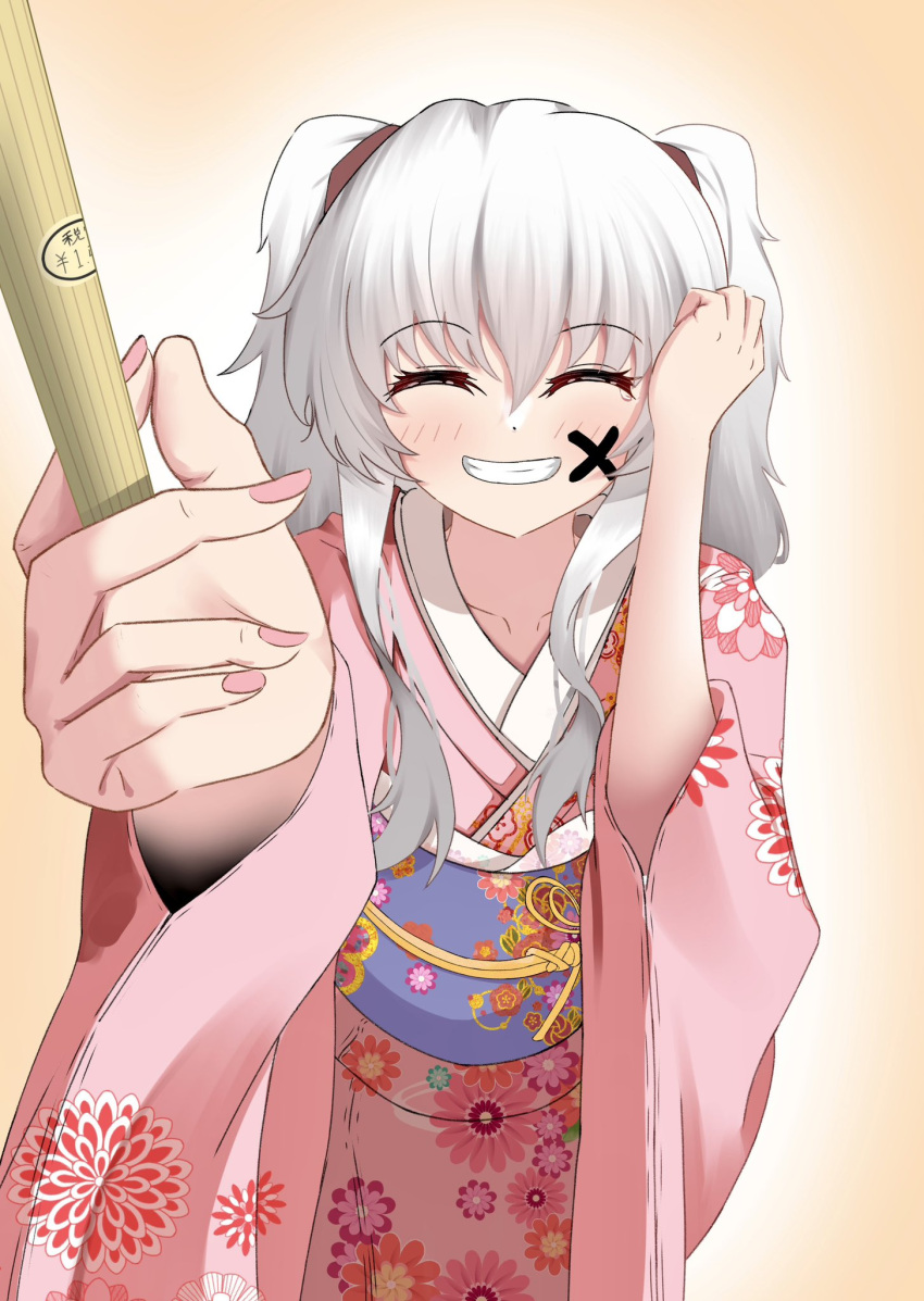 1girl ^_^ alternate_costume blue_sash blush charlotte_(anime) closed_eyes commentary_request cowboy_shot facepaint facing_viewer floral_print foreshortening grey_hair grin hair_between_eyes hand_up happy highres holding holding_brush japanese_clothes kimono light_brown_background long_hair long_sleeves nail_polish new_year pink_kimono pink_nails pov sash sidelocks simple_background smile solo standing tanishi_(hetianming11093) tears tomori_nao two_side_up wide_sleeves