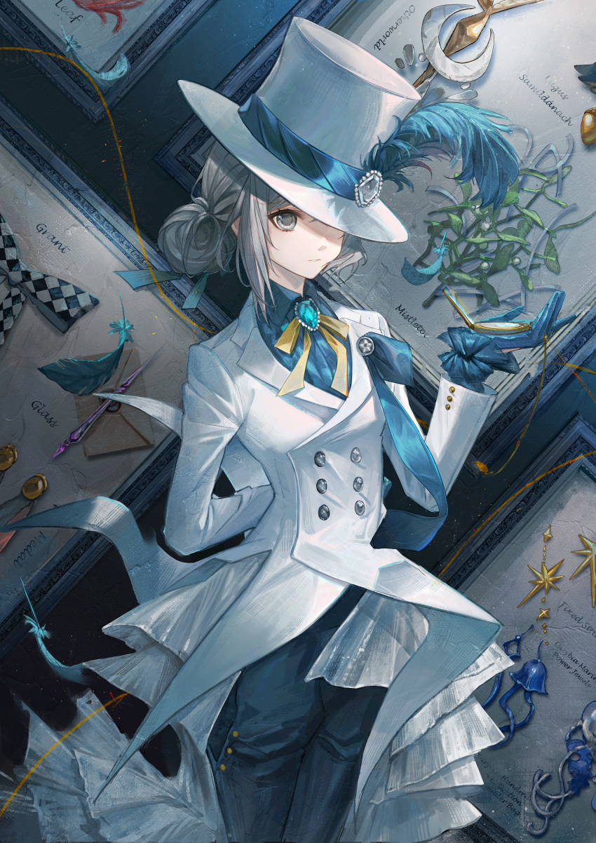 1girl absurdres arm_behind_back black_pants blue_gloves coat collared_shirt cowboy_shot gloves grey_eyes grey_hair hair_bun hat hat_feather hat_over_one_eye highres holding holding_pocket_watch long_sleeves looking_at_viewer luren_max one_eye_covered pants pocket_watch reverse:1999 shirt solo top_hat vertin_(reverse:1999) watch white_coat white_headwear