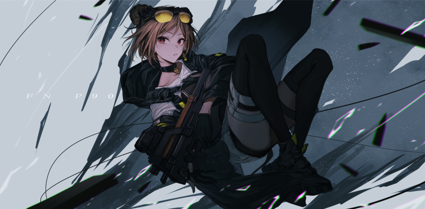 1girl black_gloves black_thighhighs brown_hair bullpup character_name commission double_bun eyewear_on_head girls_frontline gloves gun hair_bun highres holding holding_gun holding_weapon hood hooded_jacket jacket namahamu913 p90 p90_(girls'_frontline) parted_lips red_eyes short_hair skeb_commission solo submachine_gun sunglasses thigh-highs weapon weapon_name