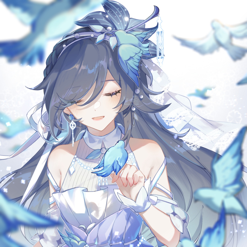 1girl bare_shoulders bird bird_hair_ornament bird_on_hand blue_bird blue_hair bride closed_eyes dress earrings fu_hua fu_hua_(azure_empyrea) fu_hua_(cerulean_court) grey_hair hair_ornament hair_over_one_eye halter_dress halterneck honkai_(series) honkai_impact_3rd jewelry long_hair mangzhi_yaoyao multicolored_clothes multicolored_dress official_alternate_costume on_head open_mouth sleeveless sleeveless_dress solo upper_body veil very_long_hair wedding_dress white_dress