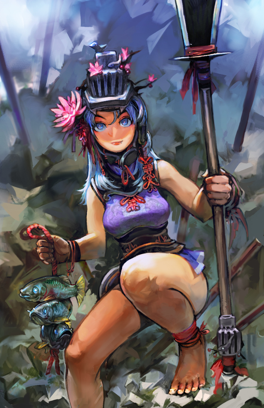 1girl ankleband barefoot blue_eyes blue_hair breasts closed_mouth fang fang_out fish flower highres holding holding_polearm holding_weapon level-00 light_blue_hair long_hair medium_breasts original pink_flower pink_pupils polearm red_lips smile solo weapon