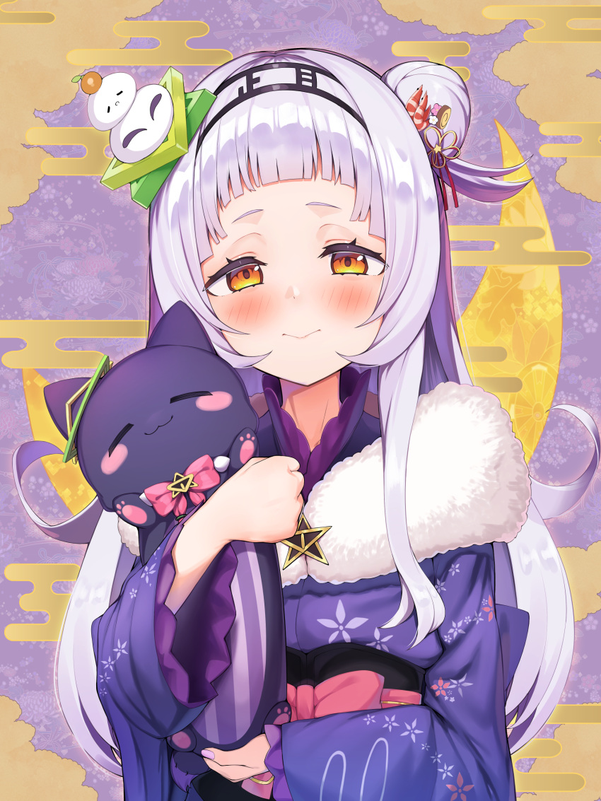 1girl absurdres ajishio_(loli_king) arched_bangs blush closed_mouth commentary_request egasumi flower frilled_sleeves frills fur_scarf hair_bun hair_flower hair_ornament hexagram_hair_ornament highres holding hololive japanese_clothes kagami_mochi kimono long_hair long_sleeves mochi_hair_ornament murasaki_shion murasaki_shion_(new_year) obi official_alternate_costume orange_eyes print_kimono purple_kimono sash shiokko_(murasaki_shion) shrimp_hair_ornament sidelocks single_side_bun solo upper_body virtual_youtuber wide_sleeves