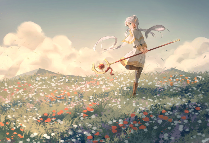 1girl absurdres black_pantyhose boots brown_footwear capelet clouds dangle_earrings drop_earrings earrings elf evening field flower flower_field frieren full_body green_eyes highres holding holding_staff jewelry leg_lift long_hair mage_staff outdoors pantyhose pointy_ears shirt skirt sky solo sousou_no_frieren staff standing standing_on_one_leg striped striped_shirt twintails white_capelet white_hair white_skirt xiamianhaiya