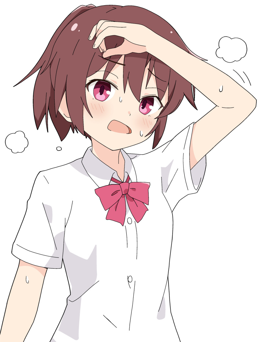 1girl blush bow bowtie breasts brown_hair commentary_request dress_shirt hair_between_eyes hand_on_own_head highres hot isekai_yuusha_mizuki kimura_matsuri mizuki_(isekai_yuusha_mizuki) motion_lines open_mouth original ponytail red_bow red_bowtie shirt short_sleeves sidelocks simple_background small_breasts solo sweat violet_eyes white_background white_shirt