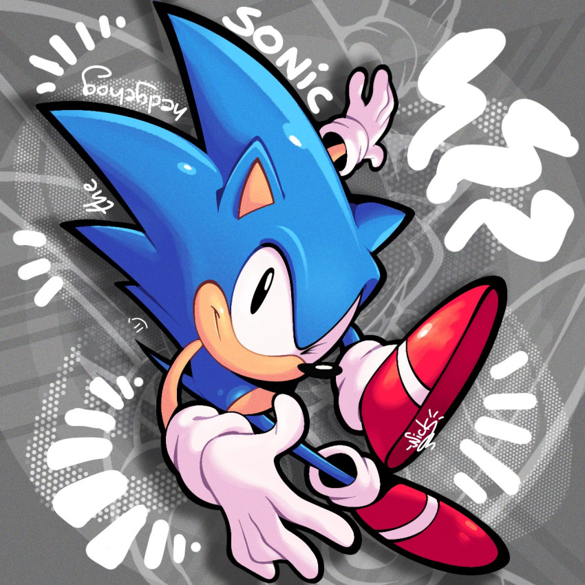1boy animal_ears animal_nose blue_fur character_name full_body furry furry_male gloves hedgehog hedgehog_boy hedgehog_ears hedgehog_tail highres male_focus notnicknot one_eye_closed red_footwear shoes solo solo_focus sonic_(series) sonic_the_hedgehog tail white_gloves