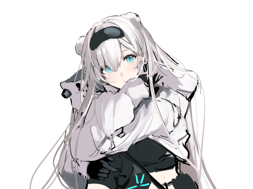 1girl animal_ears arknights aurora_(arknights) bear_ears black_gloves black_hairband black_shirt blue_eyes blush commentary_request gloves hair_between_eyes hairband highres infection_monitor_(arknights) jacket joshua_(shisanli934) long_hair looking_at_viewer shirt simple_background solo very_long_hair white_background white_hair white_jacket