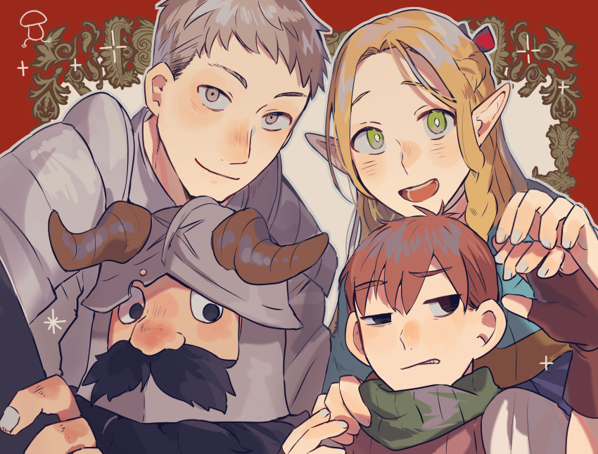 1girl 3boys armor beard blonde_hair braid brown_horns chilchuck_tims dungeon_meshi elf facial_hair fake_horns falin_thorden green_eyes helmet highres horned_helmet horns laios_thorden long_hair marcille_donato multiple_boys mustache pointy_ears senpuuki_(lince0713) smile