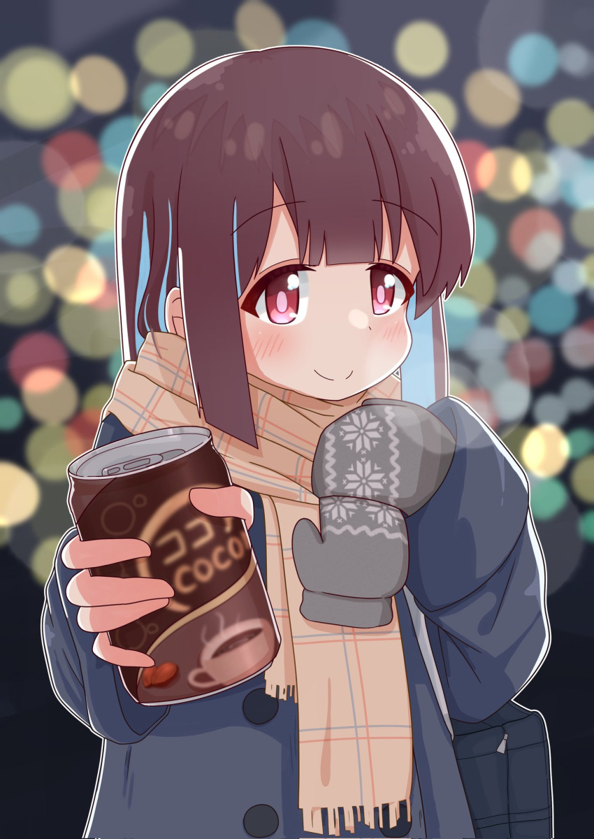 1girl altair_altea bag black_coat blue_hair blunt_bangs blunt_ends blurry bokeh brown_hair can coat commentary depth_of_field drink_can enpera highres hozuki_momiji long_sleeves looking_at_viewer mitten_removed mittens multicolored_hair onii-chan_wa_oshimai! reaching reaching_towards_viewer red_eyes scarf smile solo two-tone_hair upper_body winter winter_clothes winter_coat