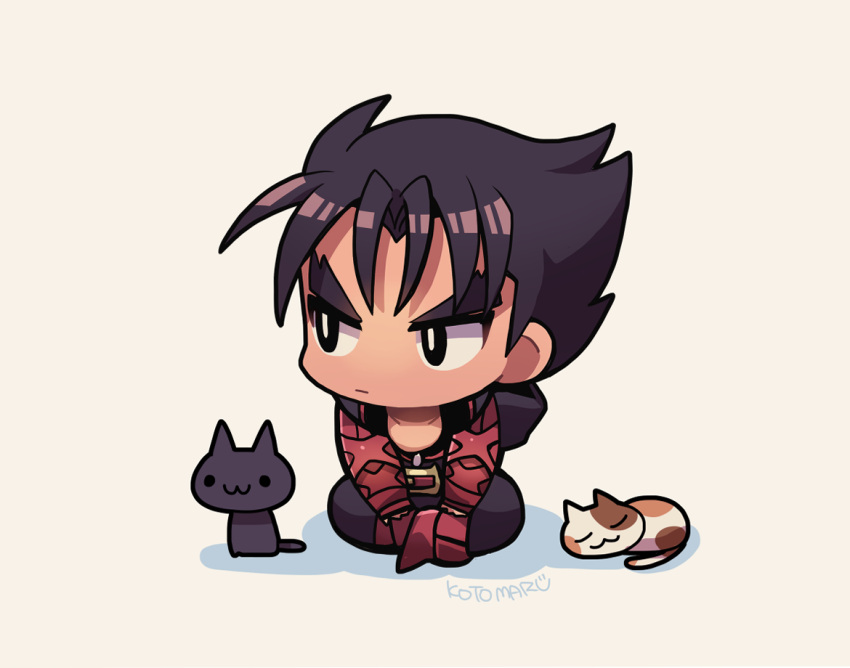1boy belt black_cat black_eyes black_hair black_pants bright_pupils calico cat chibi closed_mouth gloves indian_style kazama_jin kotorai looking_to_the_side male_focus no_nose pants red_belt red_gloves signature simple_background sitting solo tekken thick_eyebrows v-shaped_eyebrows white_pupils