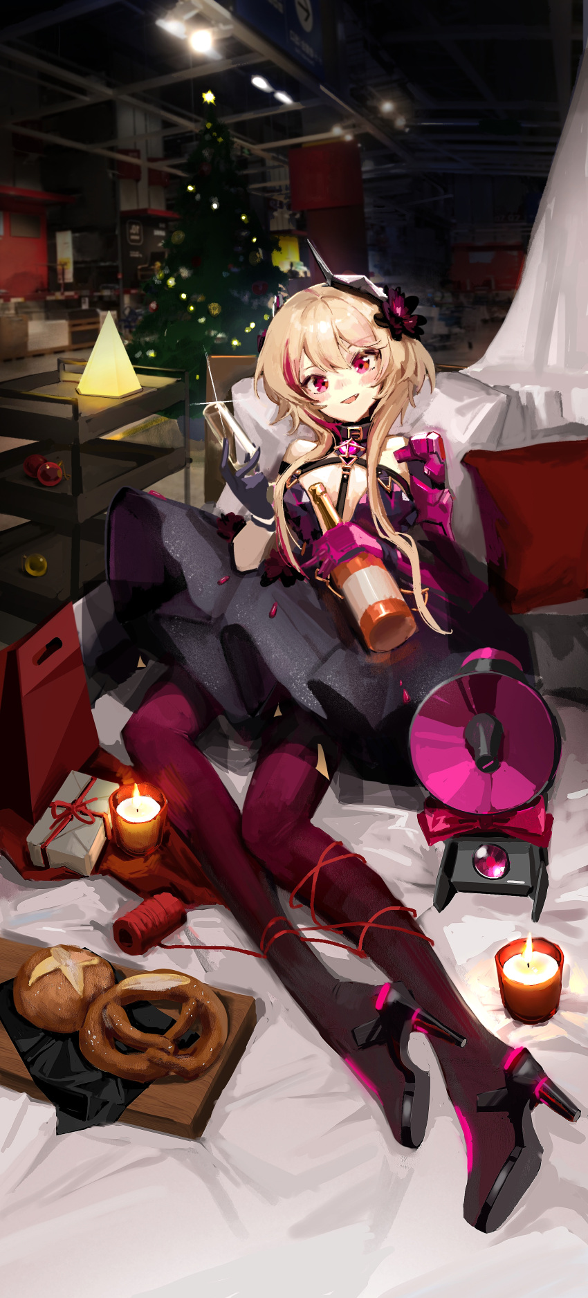 1girl absurdres banana_(girls'_frontline) black_dress blonde_hair blush bottle box candle champagne_flute christmas_tree collar cup dress drinking_glass food gift gift_box girls_frontline gloves high_heels highres holding holding_bottle hukurou96 long_hair looking_at_viewer m4_sopmod_ii_(devourer_of_the_feast)_(girls'_frontline) m4_sopmod_ii_(girls'_frontline) mechanical_arms multicolored_hair official_alternate_costume pantyhose pink_pantyhose pretzel red_eyes redhead single_glove single_mechanical_arm streaked_hair