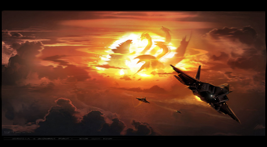 aircraft airplane claws clouds cloudy_sky concept_art dragon dragon_horns dragon_wings f-22_raptor fighter_jet flying george_hull giant giant_monster godzilla godzilla:_king_of_the_monsters godzilla_(series) highres horns jet kaijuu king_ghidorah military_vehicle monster monsterverse multiple_heads no_humans nuclear_weapon open_mouth sharp_teeth sky spines standing teeth wings