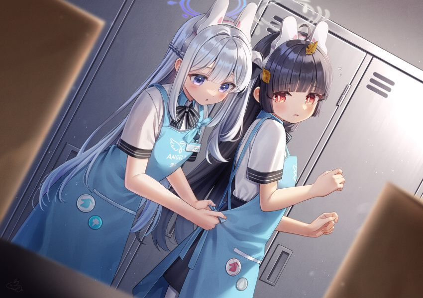 2girls adjusting_another's_clothes angel's_24_uniform_(blue_archive) animal_ears apron black_hair blue_apron blue_archive blue_halo blush braid collared_shirt fake_animal_ears grey_hair grey_halo hair_between_eyes halo highres indoors leaf leaf_on_head long_hair lulinco miyako_(blue_archive) miyu_(blue_archive) multiple_girls one_side_up parted_lips polo_shirt rabbit_ears red_eyes shirt short_sleeves violet_eyes white_shirt