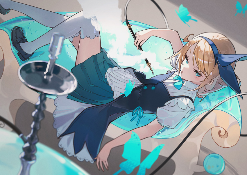 1girl alice_(alice_in_wonderland) alice_in_wonderland black_footwear blonde_hair blue_eyes blue_hairband bug butterfly couch hairband holding hookah loafers looking_at_viewer lying on_back on_couch pleated_skirt shoes short_sleeves skirt solo thigh-highs wakuseiy white_thighhighs