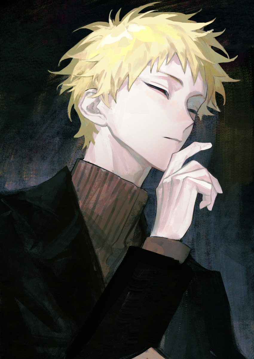 1boy atou_haruki black_jacket blonde_hair brown_sweater chinese_commentary closed_eyes closed_mouth commentary_request finger_to_own_chin highres jacket konekoy long_sleeves male_focus open_clothes open_jacket ribbed_sweater saibou_shinkyoku short_hair solo sweater turtleneck turtleneck_sweater