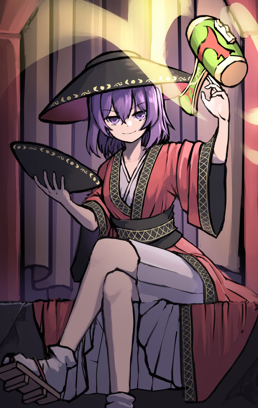 1girl absurdres allcy49 black_headwear bowl bowl_hat brown_footwear closed_mouth commentary_request crossed_legs full_body geta hat highres japanese_clothes kimono looking_at_viewer miracle_mallet purple_hair red_kimono sitting smile socks solo sukuna_shinmyoumaru touhou violet_eyes white_socks