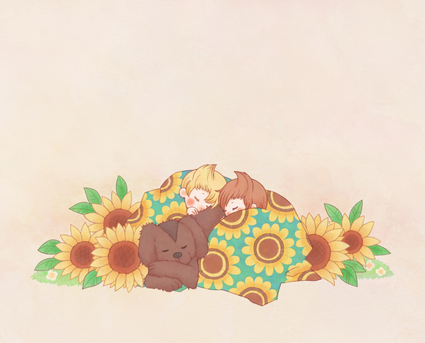 2boys blonde_hair boney brothers brown_dog brown_hair claus_(mother_3) closed_eyes colored_eyelashes floral_print flower highres lucas_(mother_3) male_focus mother_(game) mother_3 multiple_boys sasa_(toriiro) short_hair siblings simple_background sleeping sunflower sunflower_print under_covers white_background yellow_flower