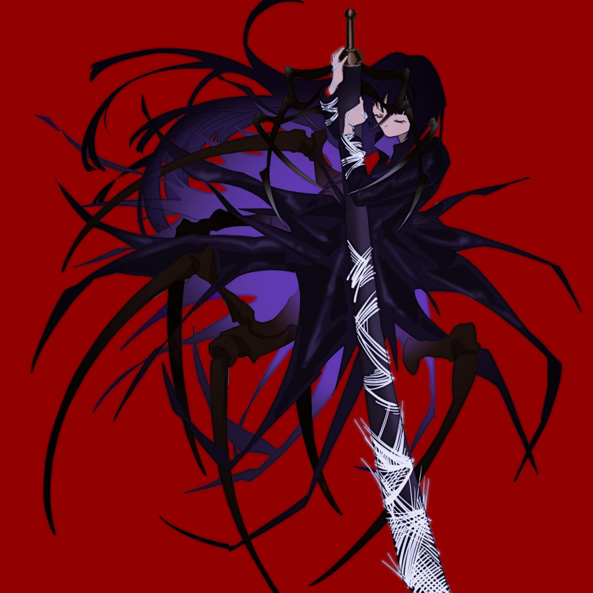 1girl arachne arthropod_girl closed_eyes closed_mouth coat e.g.o_(project_moon) highres holding holding_sword holding_weapon limbus_company long_hair long_sleeves maryzha58953461 monster_girl ootachi project_moon purple_coat purple_hair red_background ryoshu_(project_moon) silk simple_background solo spider_girl spider_web sword taur very_long_hair weapon