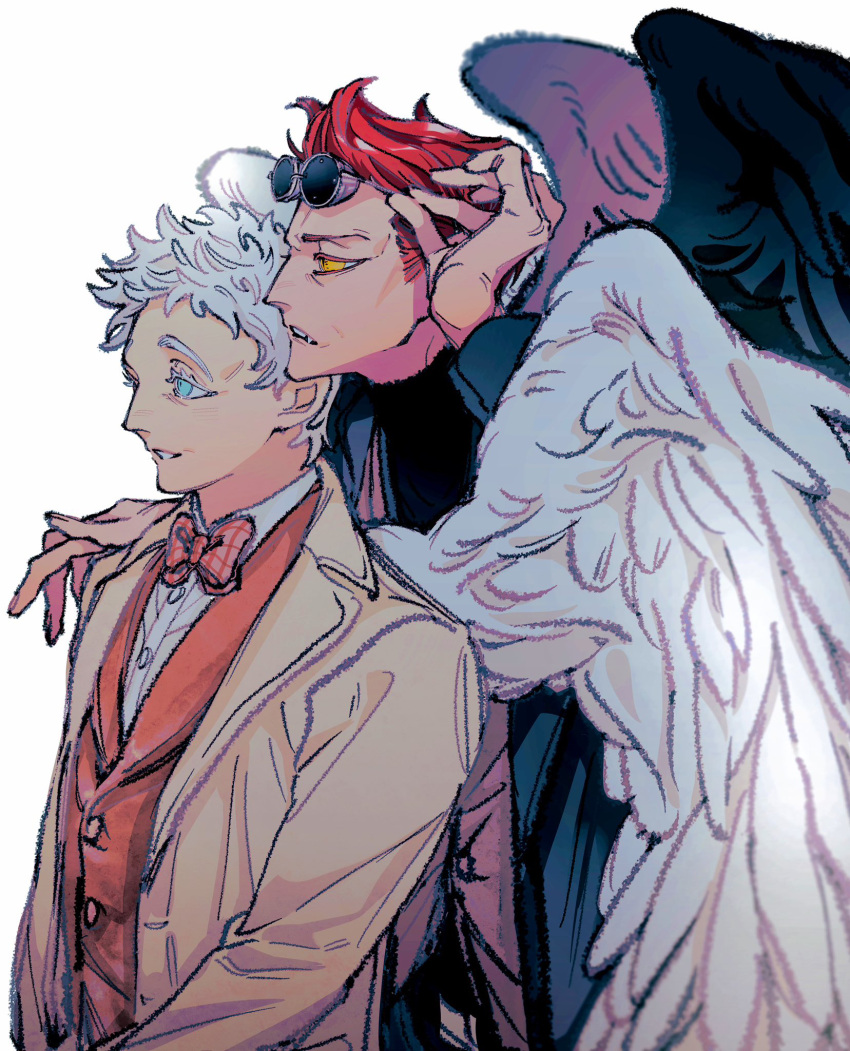 2boys angel aqua_eyes arm_up aziraphale_(good_omens) black_jacket black_wings bow bowtie buttons collared_shirt crowley_(good_omens) demon_boy dress_shirt feathered_wings fingernails goggles good_omens hand_on_another's_shoulder highres jacket lapels light_smile long_sleeves looking_afar looking_ahead male_focus messy_hair multiple_boys naotin3333 open_clothes open_jacket orange_vest parted_lips pink_bow pink_bowtie plaid plaid_bow plaid_bowtie redhead shirt short_hair simple_background suit_jacket traditional_bowtie upper_body vest waistcoat white_background white_hair white_shirt white_wings wings yellow_eyes yellow_jacket