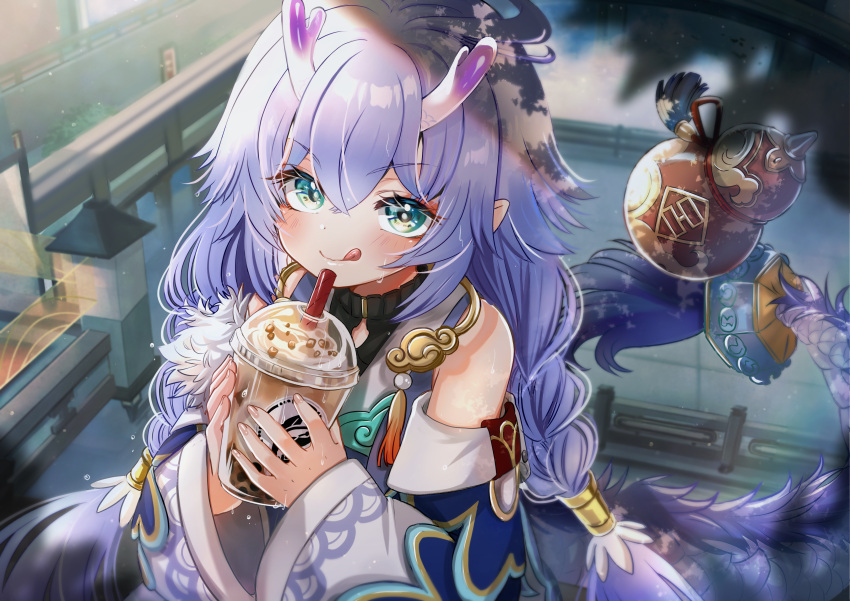 1girl :q absurdres bailu_(honkai:_star_rail) bare_shoulders cup detached_sleeves disposable_cup dragon_girl dragon_horns dragon_tail drink drinking_straw gourd green_eyes highres holding holding_drink honkai:_star_rail honkai_(series) horns looking_at_viewer purple_hair shimotsukishin smile solo tail tongue tongue_out wide_sleeves