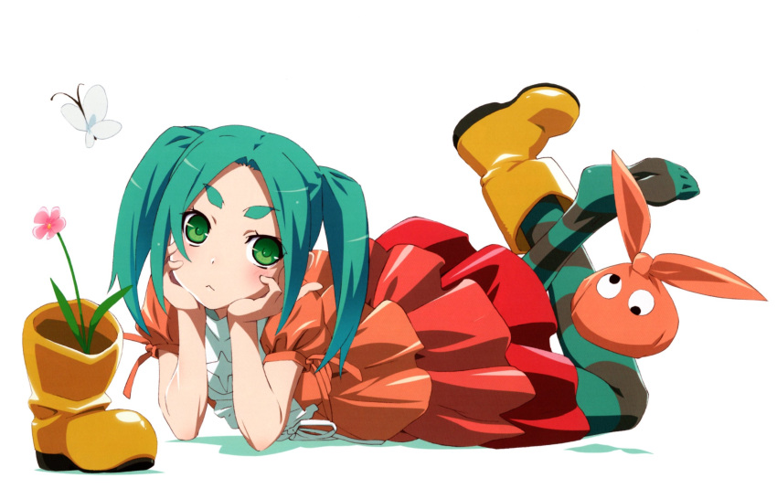 1girl aqua_hair black_thighhighs blush boots bug butterfly closed_mouth crossed_legs dress feet_up flower forehead googly_eyes gradient_dress green_eyes green_thighhighs highres long_hair lying monogatari_(series) no_shoes non-web_source official_art on_stomach ononoki_yotsugi orange_dress orange_headwear pink_flower red_dress rubber_boots shadow short_eyebrows sidelocks simple_background soles solo striped striped_thighhighs the_pose thick_eyebrows thigh-highs toes twintails unworn_boots unworn_headwear watanabe_akio white_background
