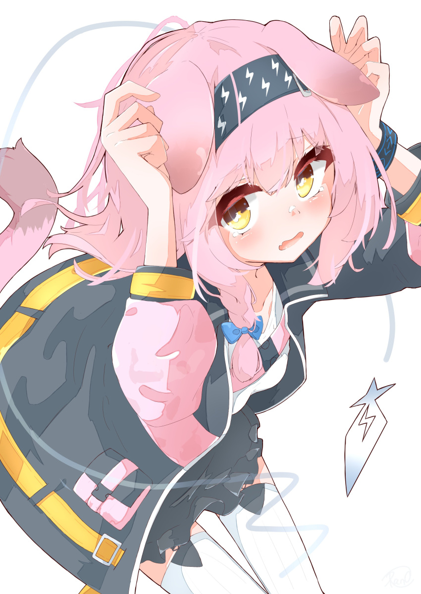 1girl absurdres animal_ears arknights black_hairband blush braid cat_ears cat_girl cat_tail goldenglow_(arknights) hair_ornament hairband hairclip highres jacket lightning_bolt_symbol long_hair long_sleeves looking_at_viewer open_mouth puffy_long_sleeves puffy_sleeves rano_u_rabe side_braid single_braid solo tail tears thigh-highs white_thighhighs yellow_eyes
