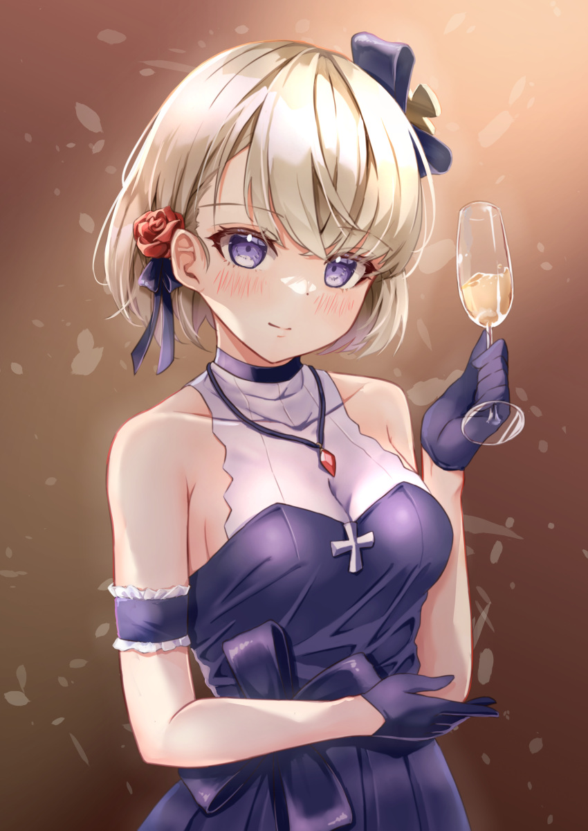 1girl absurdres alcohol azur_lane black_dress black_gloves bob_cut bow champagne classic_(zildjian33) collarbone commentary_request cross cup detached_sleeves dress drinking_glass eyes_visible_through_hair gloves hair_bow hair_ornament hair_ribbon head_tilt highres holding holding_cup iron_cross jewelry light_brown_hair looking_at_viewer necklace official_alternate_costume revision ribbon short_hair sidelocks simple_background smile solo violet_eyes wine_glass z23_(azur_lane) z23_(the_banquet's_honor_student)_(azur_lane)