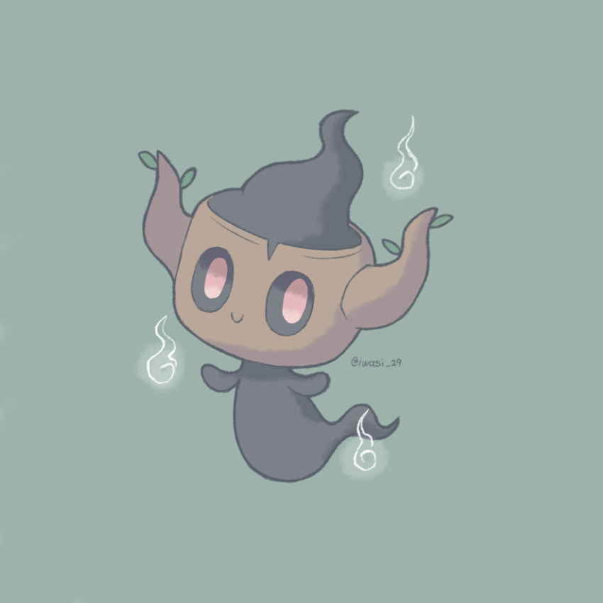 animal_focus artist_name black_skin closed_mouth colored_skin commentary_request fire floating green_background highres iwasi_29 no_humans phantump pokemon pokemon_(creature) red_eyes simple_background smile solid_oval_eyes twitter_username white_fire wood