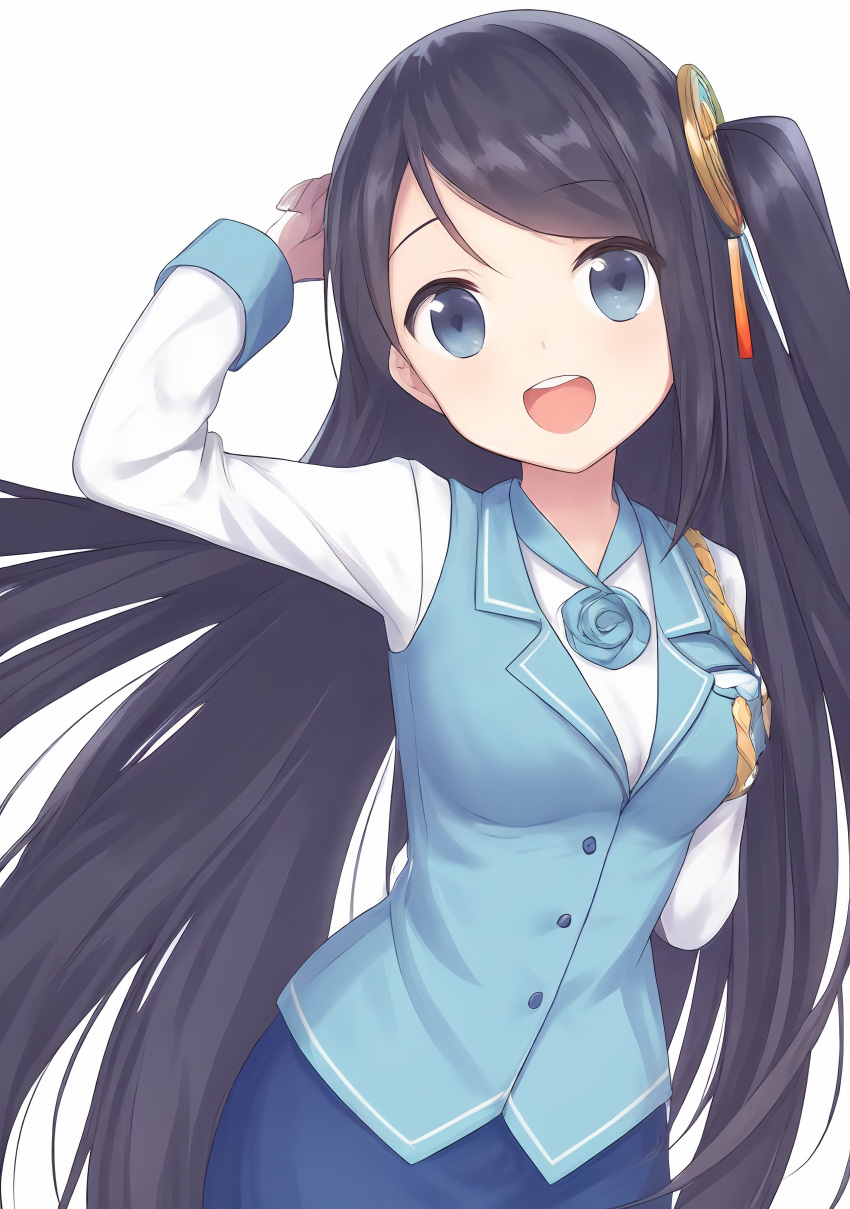 1girl absurdres ai-generated armband black_hair blue_skirt blue_vest collared_shirt highres krt_girls long_hair long_sleeves one_side_up parted_bangs shirt simple_background skirt smile taiwan uniform vest white_background xiao_qiong
