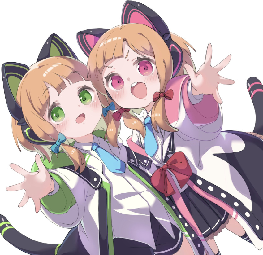 2girls animal_ear_headphones animal_ears black_shorts black_skirt blue_archive blue_bow blue_necktie blush bow cat_ear_headphones cat_ears cat_tail collared_shirt commentary fake_animal_ears fake_tail green_eyes hair_bow headphones highres jacket layered_sleeves long_sleeves low-tied_sidelocks midori_(blue_archive) miniskirt mokuyama_minikoubou momoi_(blue_archive) multiple_girls necktie open_mouth pink_eyes pleated_skirt reaching reaching_towards_viewer red_bow shirt short_hair short_necktie short_shorts shorts siblings simple_background sisters skirt tail twins upper_body white_background white_jacket white_shirt