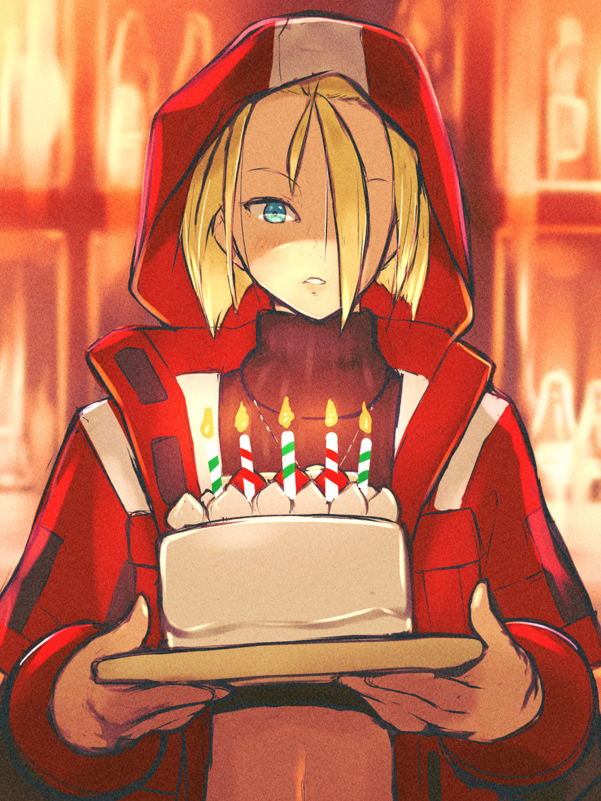 1girl birthday_cake blonde_hair blue_eyes blurry blurry_background blush cake cammy_white candle food hair_between_eyes highres holding holding_cake holding_food hood hood_up jacket red_jacket short_hair solo street_fighter street_fighter_6 upper_body yuenibushi