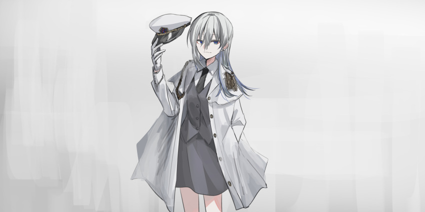 1girl black_necktie blue_eyes chihuri closed_mouth collared_shirt commentary_request earrings ende_(chihuri) gloves grey_background grey_hair grey_skirt grey_vest hair_between_eyes hat highres holding holding_clothes holding_hat jacket jewelry long_hair long_sleeves looking_at_viewer necktie open_clothes open_jacket original peaked_cap shirt skirt smile solo standing stud_earrings unworn_hat unworn_headwear vest white_gloves white_headwear white_jacket white_shirt
