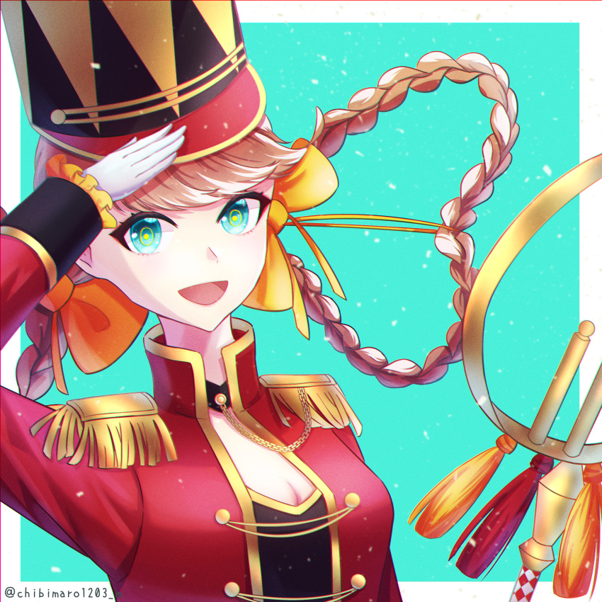 1girl absurdres aiguillette aqua_eyes bow braid buttons double-breasted eyelashes hat highres jacket looking_at_viewer nutcracker_(takt_op.) open_mouth orange_hair peaked_cap red_jacket salute smile solo takt_op. twin_braids user_chibimaro1203