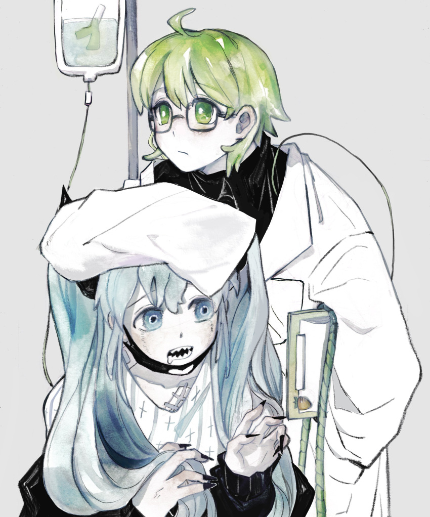 2girls absurdres black_nails food fruit glasses gumi hand_on_another's_head hatsune_miku highres intravenous_drip lab_coat mask mouth_mask multiple_girls neulbaram open_mouth saliva sharp_teeth simple_background slow_downer_(vocaloid) strawberry teeth vocaloid watercolor_effect