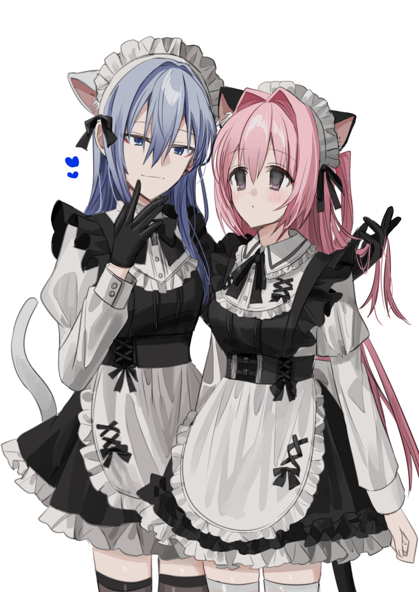 2girls alternate_costume animal_ear_fluff animal_ears apron black_dress blue_eyes brown_thighhighs cat_ears cat_girl cat_tail chihuri closed_mouth collared_shirt commentary_request dress dress_shirt ende_(chihuri) enmaided frilled_apron frills grey_hair hair_between_eyes hair_intakes hand_in_another's_hair heart highres juliet_sleeves long_hair long_sleeves maid maid_headdress multiple_girls nea_(chihuri) original pink_hair puffy_sleeves shirt simple_background sleeveless sleeveless_dress smile tail thigh-highs very_long_hair violet_eyes waist_apron white_apron white_background white_shirt white_thighhighs yuri
