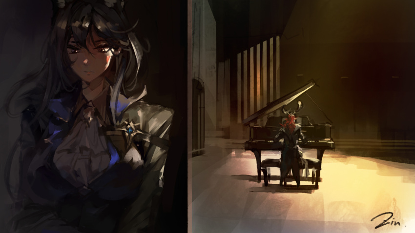 1boy 1girl animal_ears antlers arknights ascot black_hair black_jacket breasts collared_shirt commentary_request czerny_(arknights) deer_antlers deer_boy gertrude_strollo_(arknights) grand_piano highres indoors instrument jacket listening_to_music lonely_(1878056661) long_hair looking_down music piano playing_instrument playing_piano redhead shirt sitting standing upper_body white_ascot white_shirt wolf_ears wolf_girl