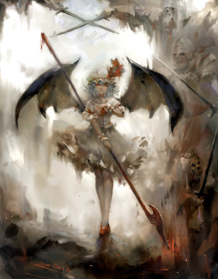 1girl absurdres armor ascot bat_wings commentary english_commentary full_body gewitter8 hat hat_ribbon highres holding holding_sword holding_weapon realistic red_ascot red_footwear red_ribbon remilia_scarlet ribbon shirt short_sleeves signature skeleton skirt spear_the_gungnir sword touhou weapon white_headwear white_shirt white_skirt wings