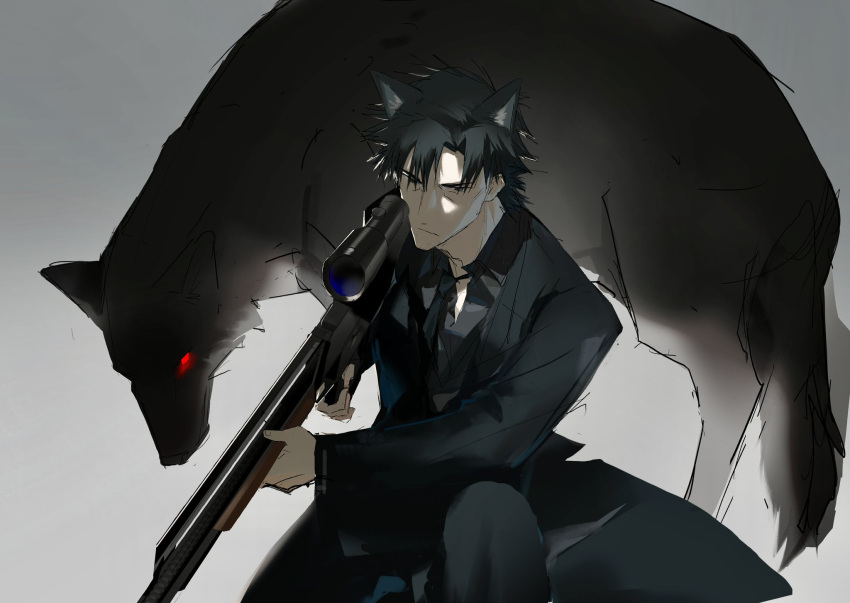 1boy animal_ears black_eyes black_hair comparison emiya_kiritsugu ethfinch fate/zero fate_(series) from_above frown gun highres holding holding_gun holding_weapon kemonomimi_mode looking_at_viewer on_one_knee rifle serious sniper_rifle solo suit trait_connection tsurime weapon wolf_ears