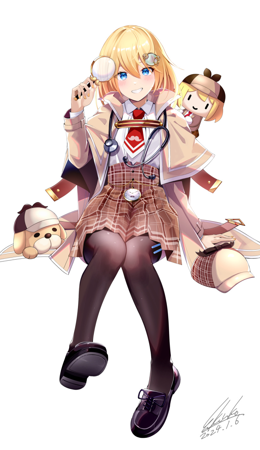 1girl black_footwear black_pantyhose blonde_hair blue_eyes blush brown_jacket brown_skirt bubba_(watson_amelia) chibi dog hair_ornament highres holding holding_magnifying_glass hololive hololive_english jacket kenko_(a143016) looking_at_viewer magnifying_glass monocle nail_polish necktie pantyhose red_necktie shoes short_hair skirt smile smol_ame virtual_youtuber watson_amelia watson_amelia_(1st_costume) white_background yellow_nails