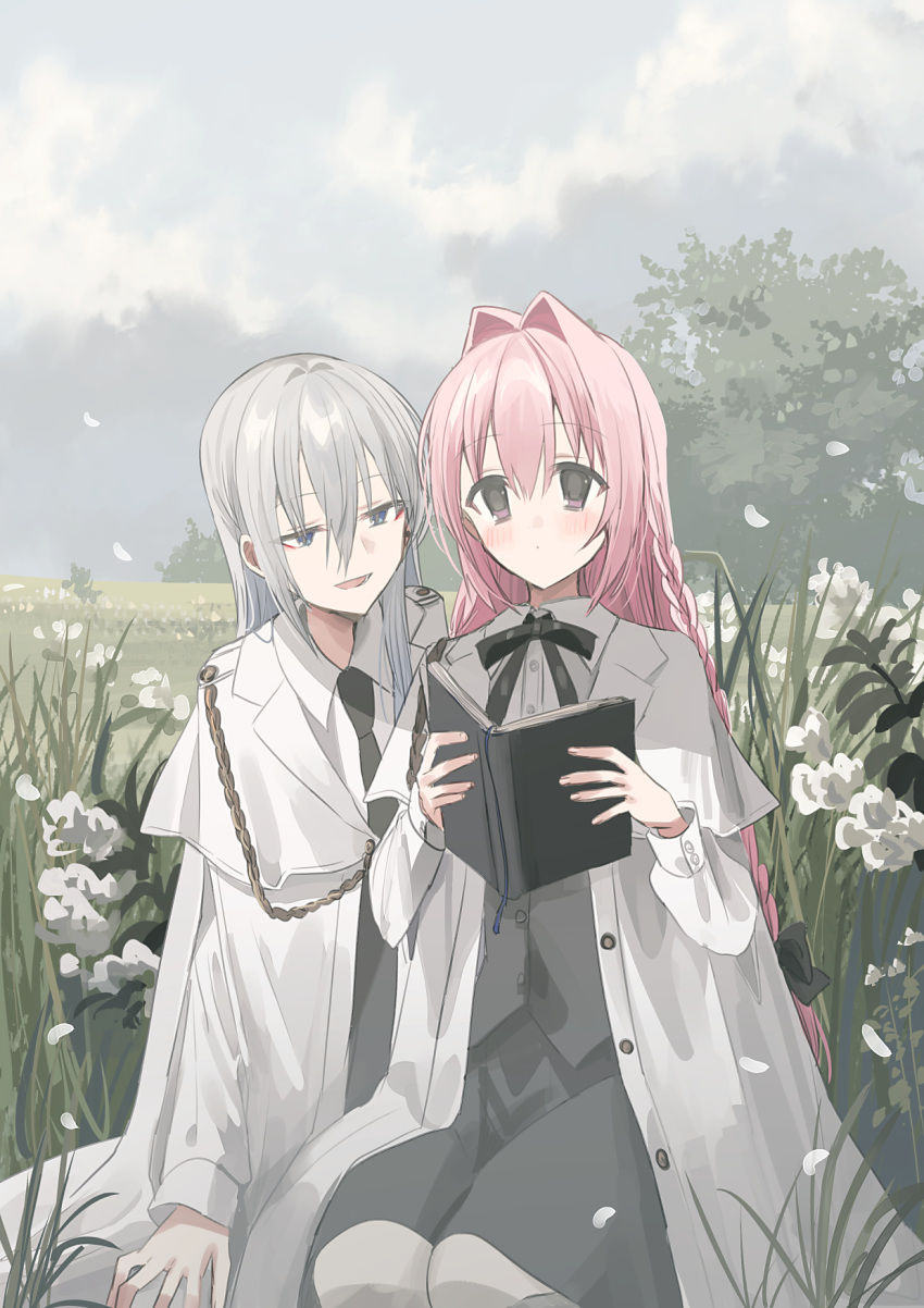 2girls :d black_bow black_necktie blue_eyes blue_sky blush book bookmark bow braid chihuri closed_mouth clouds cloudy_sky collared_shirt commentary_request day dress_shirt ende_(chihuri) flower grey_hair grey_skirt grey_vest hair_between_eyes hair_bow hair_intakes highres holding holding_book jacket long_hair multiple_girls nea_(chihuri) necktie on_grass open_book open_clothes open_jacket original outdoors pantyhose petals pink_hair seiza shirt sitting skirt sky smile twin_braids very_long_hair vest violet_eyes white_flower white_jacket white_pantyhose white_shirt