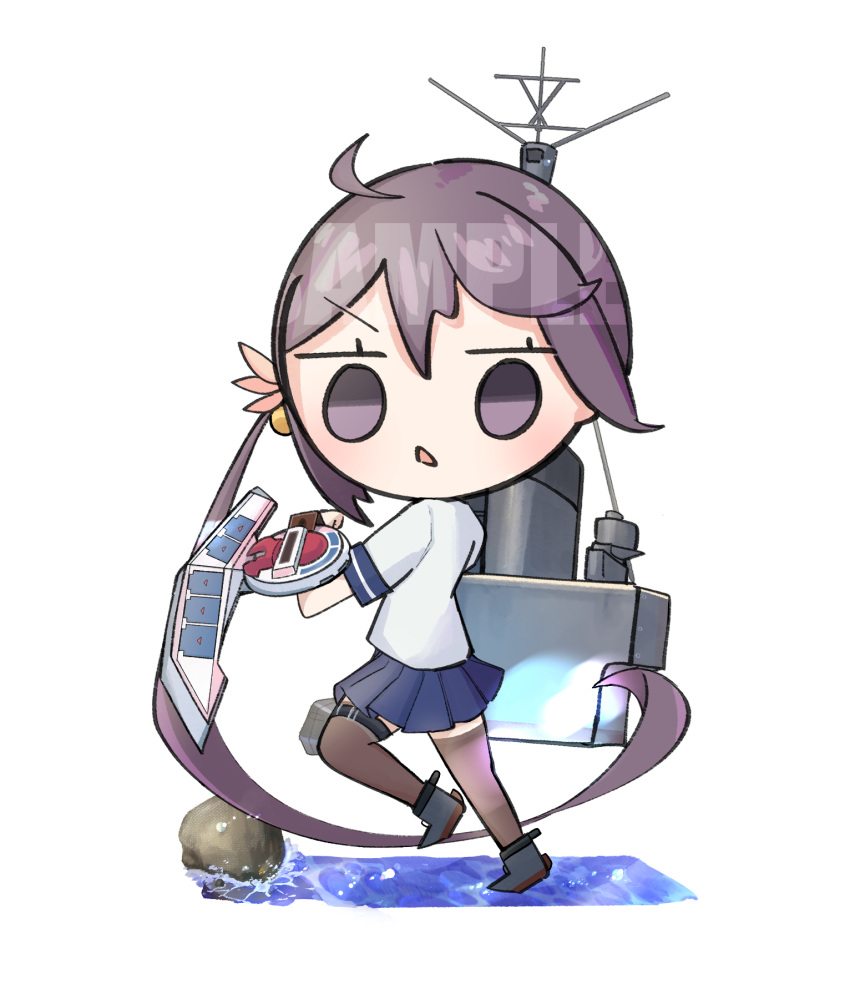 1girl ahoge akebono_(kancolle) brown_thighhighs chibi commission duel_disk from_side full_body highres kantai_collection lemonasty looking_at_viewer machinery miniskirt pleated_skirt purple_hair sample_watermark side_ponytail skirt solo thigh-highs violet_eyes water watermark yu-gi-oh!
