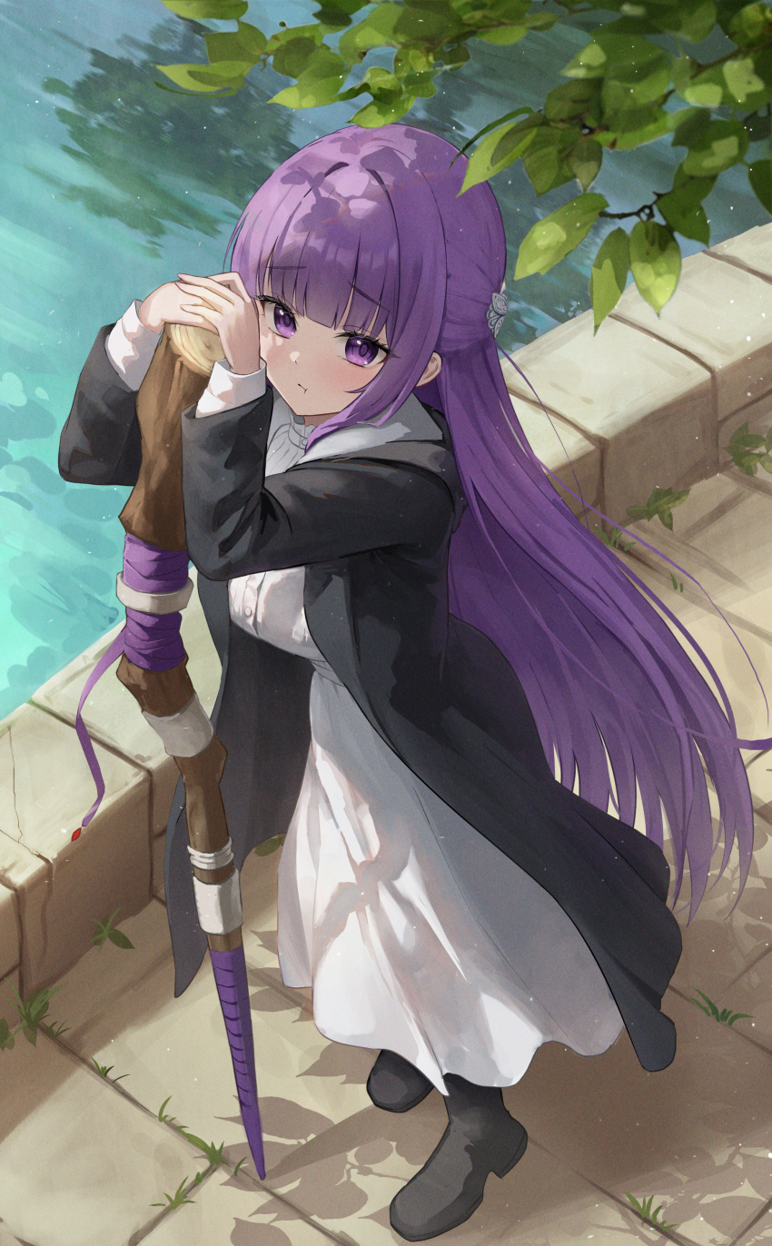 1girl absurdres black_coat black_footwear blunt_bangs blush boots breasts bridge brooch coat collar commentary dress fern_(sousou_no_frieren) frilled_collar frills highres jewelry large_breasts leaning_on_object long_dress long_hair long_sleeves looking_at_viewer pouch purple_hair purple_pupils solo sousou_no_frieren staff straight_hair ttusee5 violet_eyes water white_dress