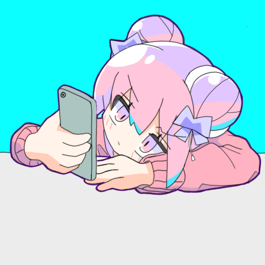 1girl aqua_background arms_on_table bow cellphone dadadada_tenshi double_bun hair_bow hair_bun head_on_table highres holding holding_phone indie_utaite instant_heaven kimi_(user_vppd4758) mob_face nanawo_akari phone pink_eyes pink_hair pink_sweater pull_cord purple_bow smartphone solo sweater table