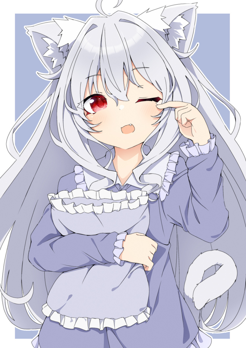 1girl absurdres ahoge animal_ear_fluff animal_ears blush cat_ears cat_girl cat_tail collared_shirt fang frilled_shirt_collar frilled_sleeves frills hand_up highres holding holding_pillow long_hair long_sleeves looking_to_the_side one_eye_closed open_mouth original pajamas pillow red_eyes sechin shirt sleepy solo tail tearing_up tears very_long_hair white_hair wiping_tears