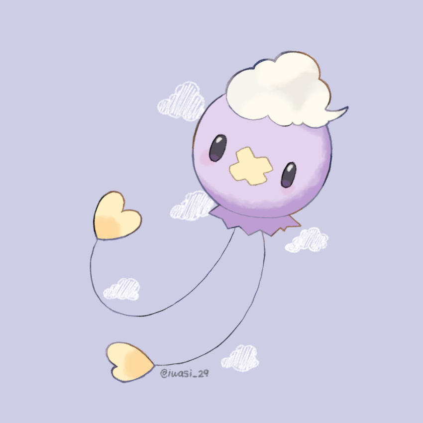 artist_name balloon black_eyes clouds colored_skin commentary_request drifloon highres iwasi_29 pokemon pokemon_(creature) purple_background purple_skin simple_background twitter_username white_hair
