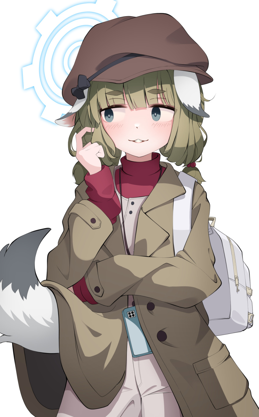 ... 1girl animal_ears blue_archive blue_halo blunt_bangs blush brown_headwear coat commentary_request cowboy_shot facing_viewer green_coat green_eyes green_hair halo hand_up hat highres long_sleeves looking_to_the_side open_clothes open_coat open_mouth pants red_shirt revision shijima_(shijima_tc) shirt simple_background solo spoken_ellipsis tail twintails undershirt white_background white_bag white_pants yakumo_(blue_archive)