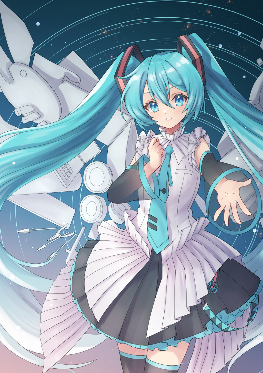 1girl absurdres blue_eyes blue_hair blush computer cowboy_shot detached_sleeves frilled_skirt frills grin hair_ornament hatsune_miku highres laptop long_hair long_sleeves looking_at_viewer marian_oekaki necktie palette_(object) pleated_skirt pliers reaching reaching_towards_viewer see-through see-through_sleeves shirt skirt sleeveless sleeveless_shirt smile solo thigh-highs twintails very_long_hair vocaloid