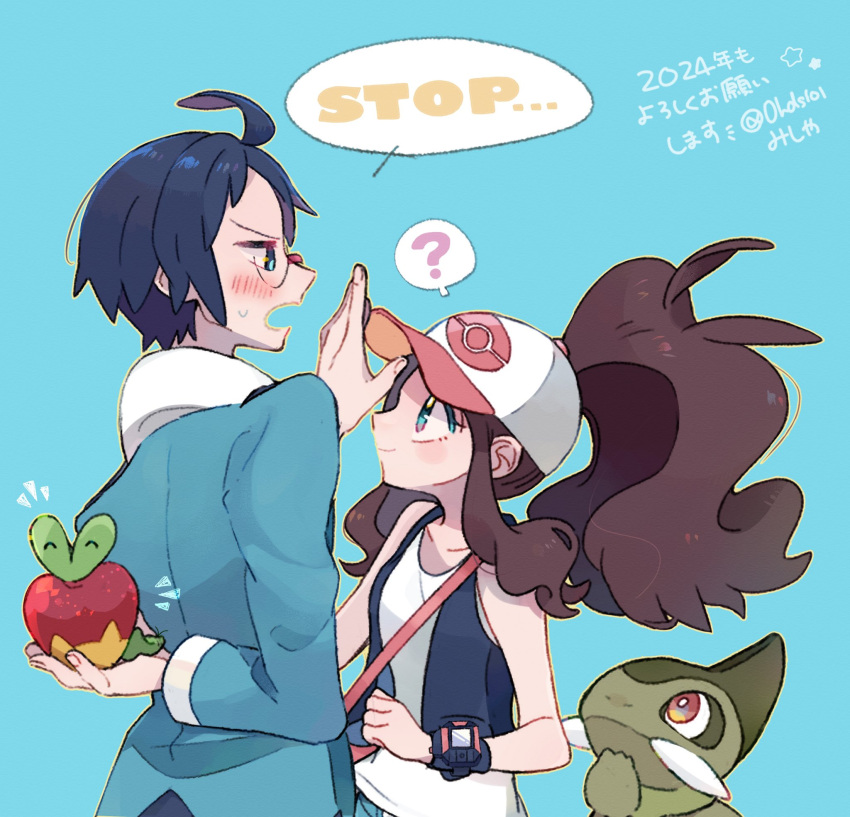1boy 1girl ? ahoge apple applin axew baseball_cap blue_background blue_hair blush brown_hair cheren_(pokemon) closed_mouth collarbone colored_skin commentary_request dated food fruit glasses green_skin hat highres hilda_(pokemon) holding holding_pokemon long_hair misha_(ohds101) open_mouth poke_ball_symbol pokemon pokemon_(creature) pokemon_bw ponytail red_eyes round_eyewear shirt short_hair simple_background speech_bubble thought_bubble translation_request watch watch white_shirt worm