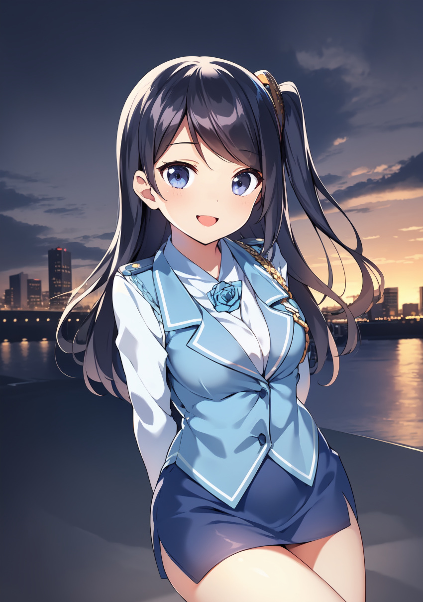 1girl absurdres ai-generated armband black_hair blue_skirt blue_vest collared_shirt highres krt_girls long_hair long_sleeves one_side_up parted_bangs shirt skirt smile taiwan uniform vest xiao_qiong